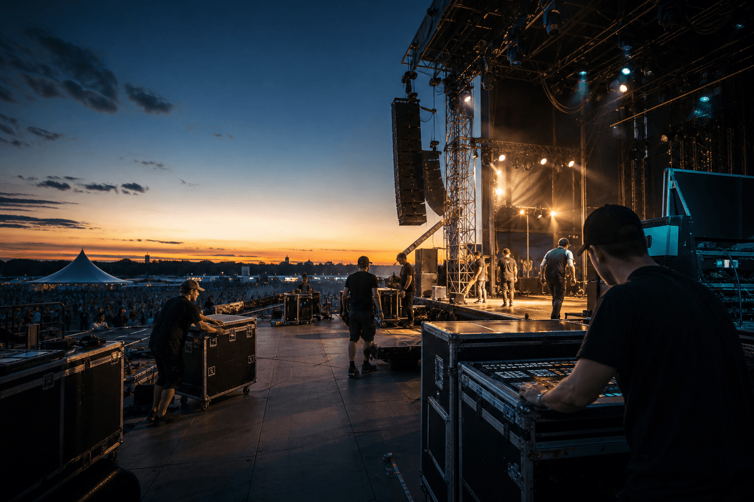 Live event production — stage and crew at golden hour